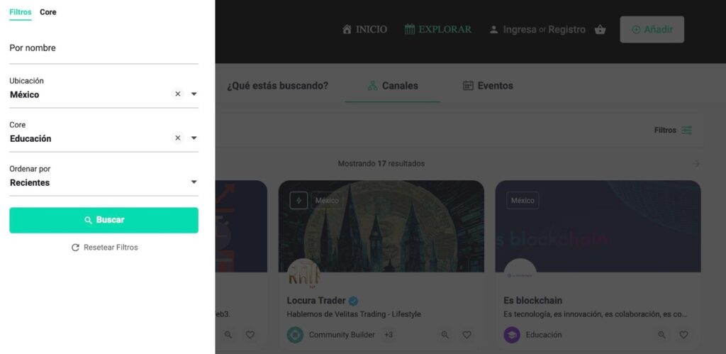 La plataforma cuenta con filtros para facilitar la búsqueda de eventos